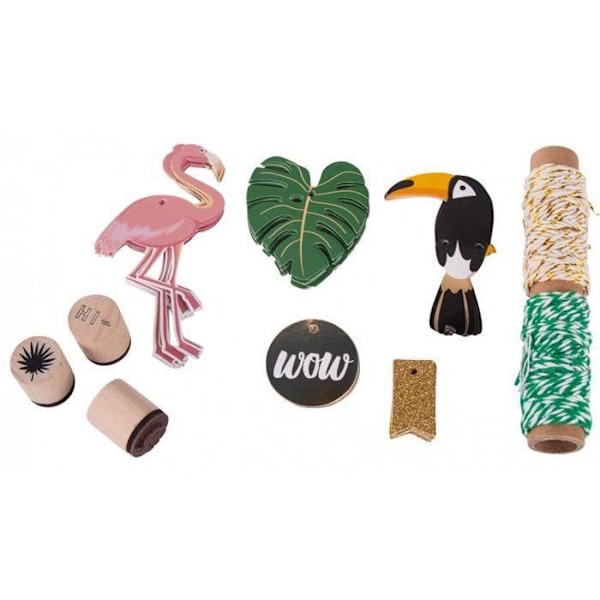 Sæt med etiketter og stempler - Rayher - Tropisk - 55 stk - Flamingo - Scrapbooking Tropisk, Ros