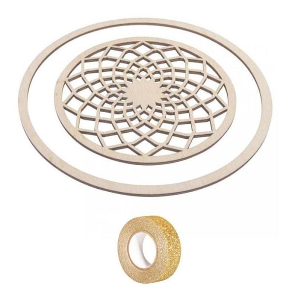 Træskiver til drømmefanger Ø 13 cm + ring 18 cm + gylden glitter malertape 5 m Beige