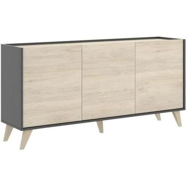 Skänk - Spånskiva - Lätt trä och grafit - 3 dörrar - Ness - B 155 x D 43 x H 75 cm Lätt trä och grafit