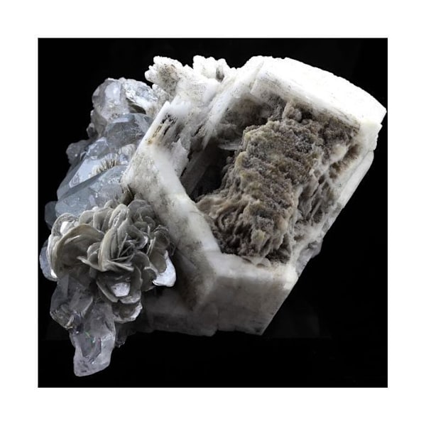 Sten og mineraler. Goshenit, Muscovite, Albite. 1580,0 øre. Mt Xuebaoding, Sichuan, Kina.