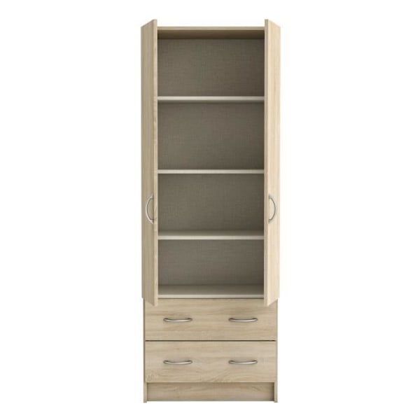 DEMEYERE Garderobe - Børstet egetræsindretning - 2 låger og 2 skuffer - Klassisk - Soveværelse - L 61 cm - DOBBELT Borstad ek och vävd linnedekor