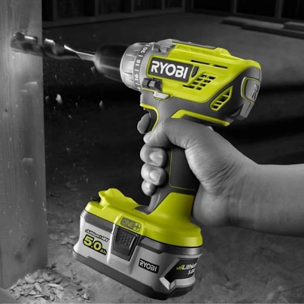 RYOBI - 18V ONE+ pora-ruuvimeisseli - 50 Nm - 500-1800 rpm - 13 mm istukka + 1 2 Ah akku, laturi & laukku - R18DD3-120S Grått och grönt