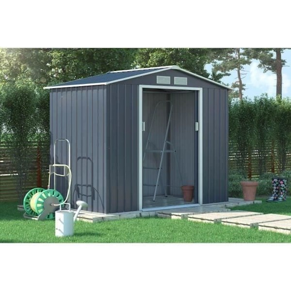 Metal havehus 2,71 m² - 213 x 127 x 195 cm - PLUTON - Inkluderet ankerkit, 2 skydedøre - Grå Kolgrå