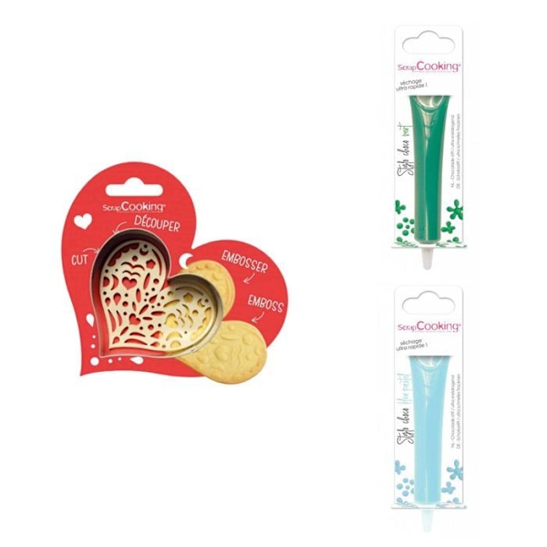 Hjertepræget kiksesæt + 2 pastelgrønne og blå chokoladepenne Grå