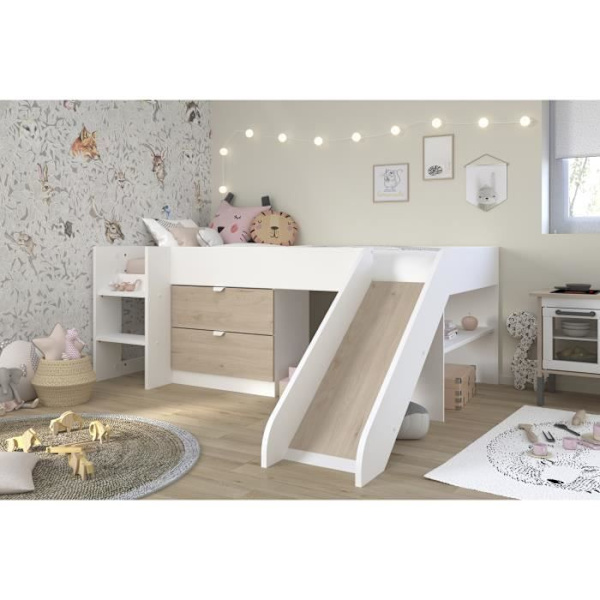 PARISOT SLIDE - Rutschbädd för barn - Vit och Jackson Ek dekor - Boxfjäder ingår - 90 x 200 cm Vit / Jackson ek