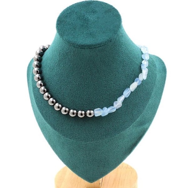 Collier - A Bijoux - Aigue-Marine fra Brasilien - Hæmatit 8 mm - Rustfrit stål - 45 cm Blå