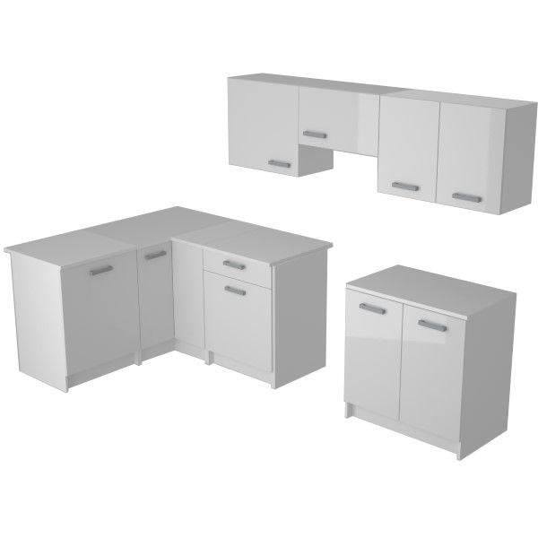 START Komplet hjørnekøkken - Hvid melamin - Blank hvid polymerfront - L290 x D150 cm - Bordplade medfølger -