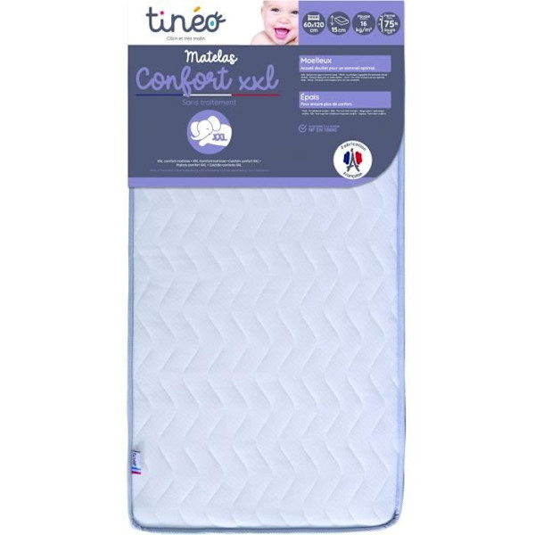 Seng Baby Comfort XXL TINEO 60x120x15cm - Uden Behandling - Fremstillet I Frankrig - 2 Års Garanti Vit