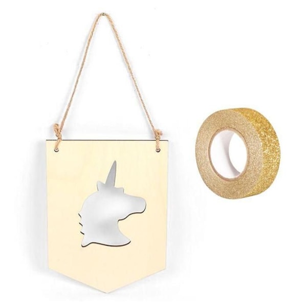 Trævimpel til at hænge 20 x 15 cm Unicorn + guldglimmer malertape 5 m Beige