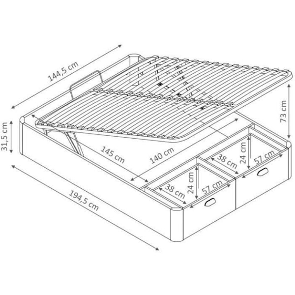Opbevaringsseng for voksne - Soveplads 140x190 cm - 2 frontskuffer - Lavet i Spanien Rustik ek