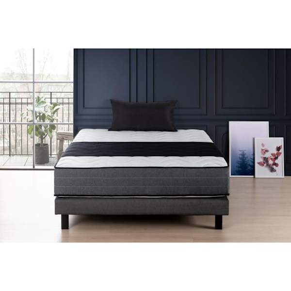 Patja + jousisarja 140x190 cm - Muistivaahto - 28cm - 5 vyöhykettä - Kiinteä - DEKO DREAM Hôtel Premium Lux Vit och mörkgrå