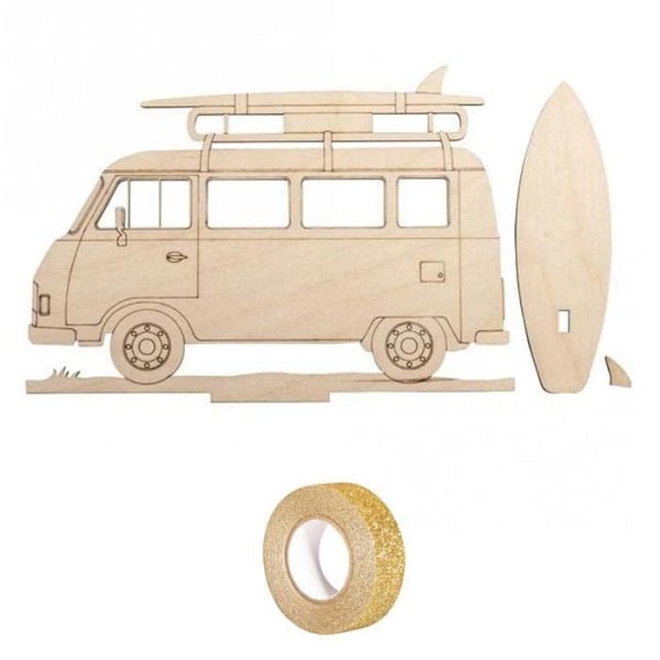 Træsilhuet til at tilpasse 20 x 14 cm - Autocamper + guldglimmer malertape 5 m Beige