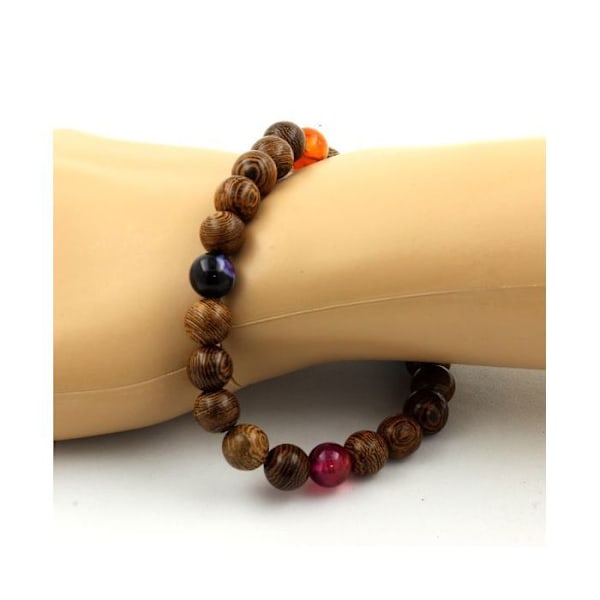 Stenar och mineraler. Flerfärgad Ribboned Agat Beads Armband + Trä 8 mm. Tillverkad i Frankrike. Flerfärgad