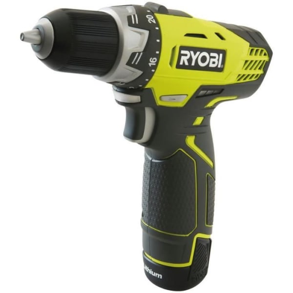 RYOBI - 12V borrskruvmejsel - 1 hastighet - 25 Nm - 24 lägen - 10 mm chuck + 2 2 Ah batterier, laddare & väska - RCD1201-220S Grågrön