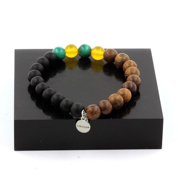 Stenar och mineraler. Congo Malachite Bead Armband + Yellow Agate + Matt Black Onyx + Made in France. Grön, gul, svart