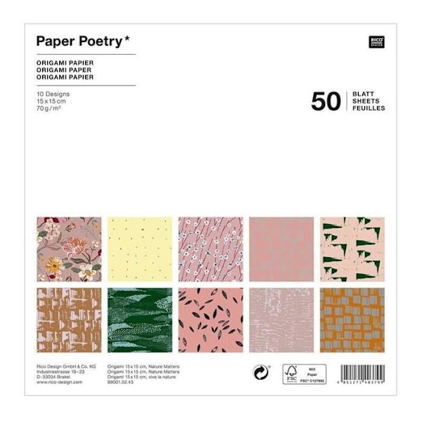 Natur origami papir - RICO DESIGN - 15 x 15 cm - 50 ark