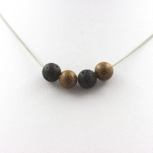 Collier - ABIJOUX - Lave + træ 8 mm - Rustfrit stål - Sort - Sølv Svart