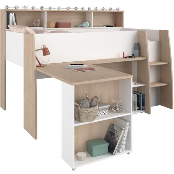 PARISOT Kombinerad barnsäng med utfällbart skrivbord - Vit och ekdekor - 90x 200 cm - Boxfjäder ingår -THEO Vitt och ek