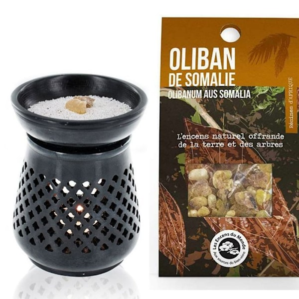 Røgelseholder diffuser i sort sten + Frankincense resin fra Somalia Svart
