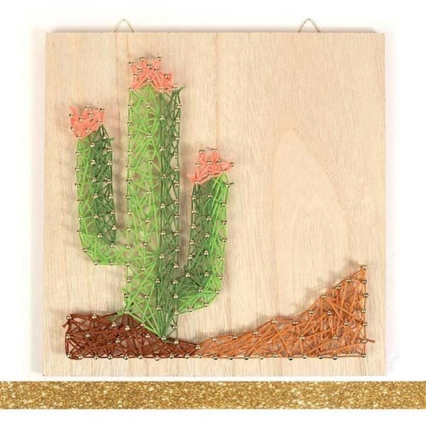 Coffret med trärahmen String Art 22 x 22 cm Kaktus + guldmaskeringstejp med glitter 5 m Beige