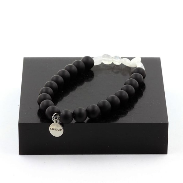 Armbånd i naturlige sten - ABIJOUX - Månestens fra Indien - Mat sort onyx - Længde 19-20 cm Vit och svart