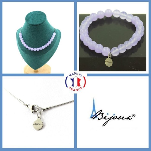 Sten og mineraler. Smykkesæt Armbånd Halskæde 20 Lavendel Kalcedonperler 8 mm. Størrelse, der kan tilpasses. Lavendel