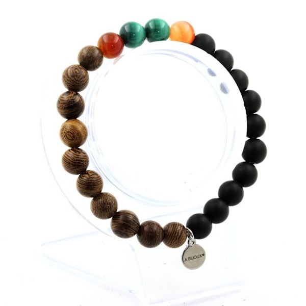 Sten og mineraler. Congo Malachite Bead Armbånd + Banded Agate + Mat Sort Onyx + Fremstillet i Frankrig. Grön, svart, brun
