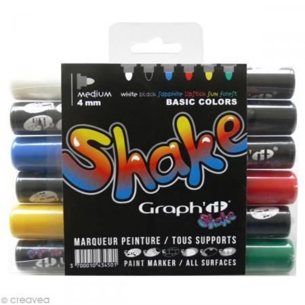 Målart markers - Graph'it - Shake Basique - Set av 6 - Medelstark spets 4 mm - Opaque vit, svart, safirblå, läppstift röd