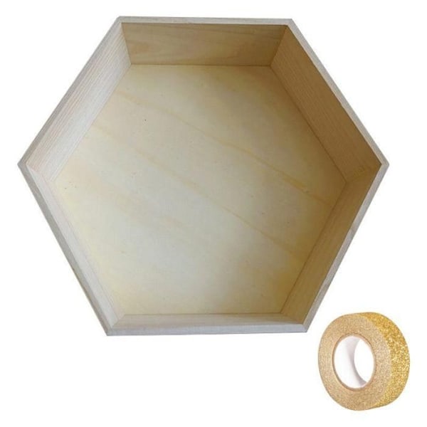 Hexagonal hylla i trä 30 x 26 x 10 cm + guldglittrig masking tape 5 m Beige