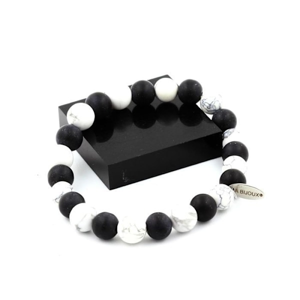 Sten og mineraler. Howlite Beads Armbånd + Mat Sort Onyx 8 mm. Fremstillet i Frankrig. vit svart