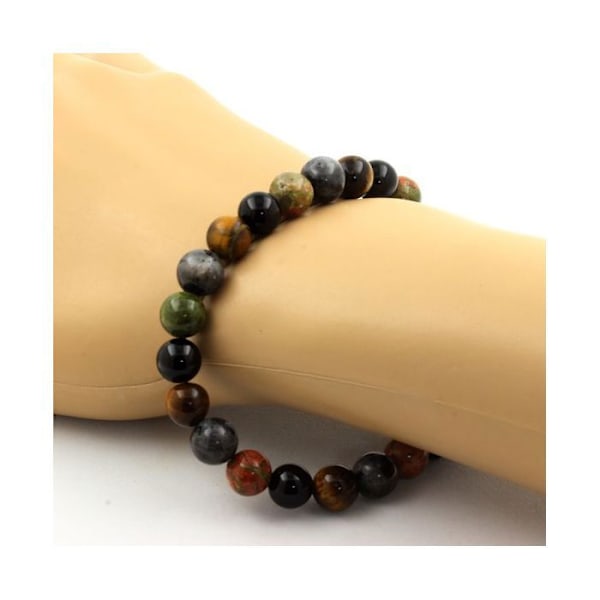 Stenar och mineraler. Labradorite + Tiger Eye + Unakite + Black Agate Beads Armband 8 Tillverkat i Frankrike. Labradorit, Tigeröga, Unakit, Svart