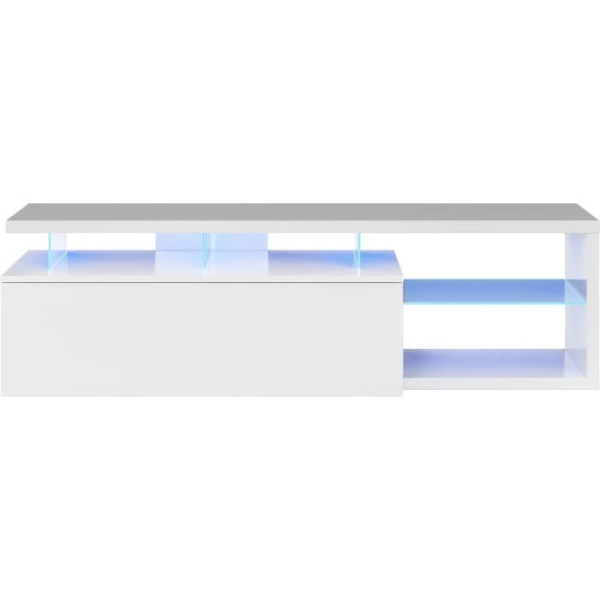 BLUE-TECH vändbar TV-enhet - Vitlackerad melamin - 1 nedfällbar dörr - LED - Blank vit - L150 x D41 x H43 cm lysande vit