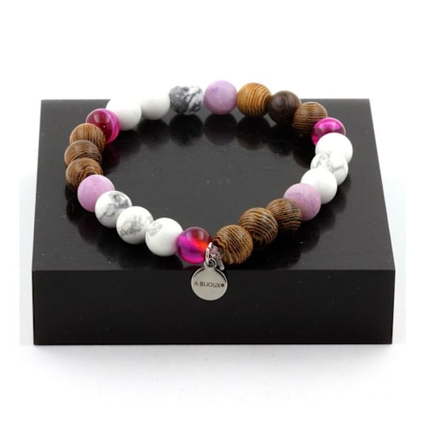 Sten og mineraler. Armbånd Howlite Beads + Pink Banded Agate + Matte Purple Glimmer + Wood Made in France. Vit, Rosa, Lila, Brun