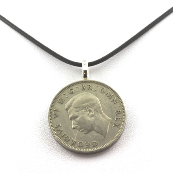 Collier - ABIJOUX - Stykke 2 shillings George VI - Sort læderrem - 28,5 mm - Justerbar 45-50 cm Svart