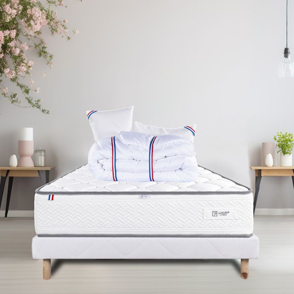 Madrassset 140x200 cm, Iris, 20 cm, memory foam, fast, sommar/vintersida + vit bas 13cm tjock + 2 kuddar + täcke Vit