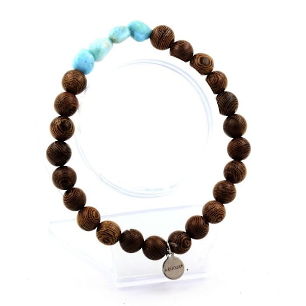 Stenar och mineraler. Larimar armband från Dominikanska republiken + 8 mm träpärlor. Tillverkad i Frankrike. Blå