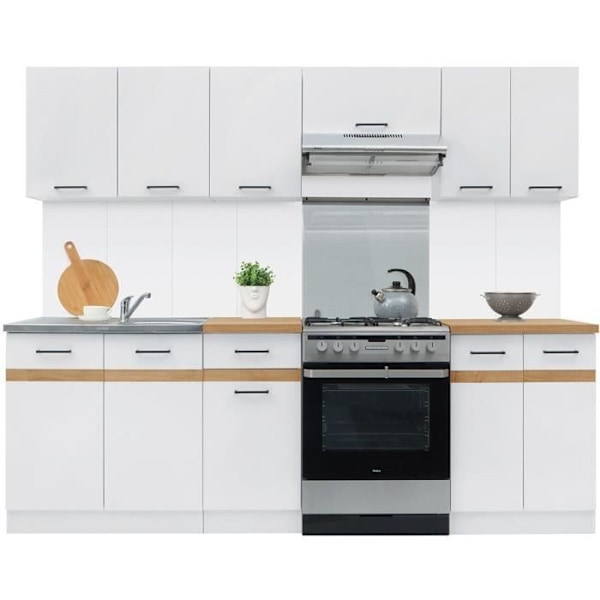 JUNONA Komplett kök 240cm - 7 element - Bänkskiva ingår - Blank vit Vit, Blankvit, Golden Craftsman Oak