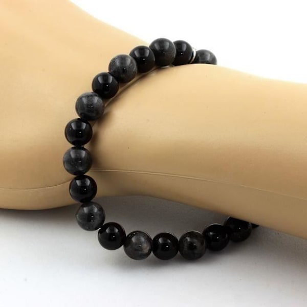 Armbånd - ABIJOUX - Labradorit + Sort agat - 8 mm - Længde 19-20 cm - Fremstillet i Frankrig Labradorit, Svart agat