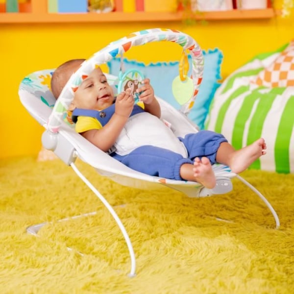 BRIGHT STARTS Baby Safari Bouncer, beroligende vibrationer, Activity Arch med interaktivt legetøj Flerfärgad