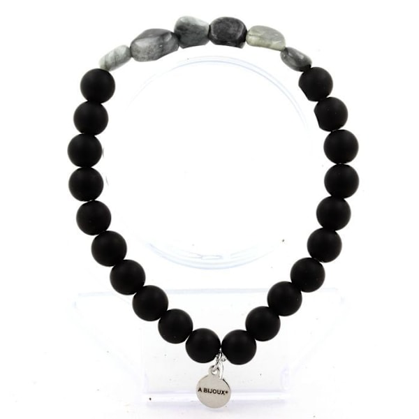 Sten og mineraler. Sydafrikanske Hawk Eye armbånd + 8 mm mat sorte onyx perler. Fremstillet i Frankrig. Svart blå