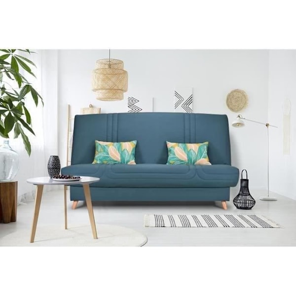 COMFORT BULTEX Click bænksæde - Blåt stof + Jungle dekorative puder - L193 x D95 x H101 - MONA Blå + Jungle dekorativa kuddar