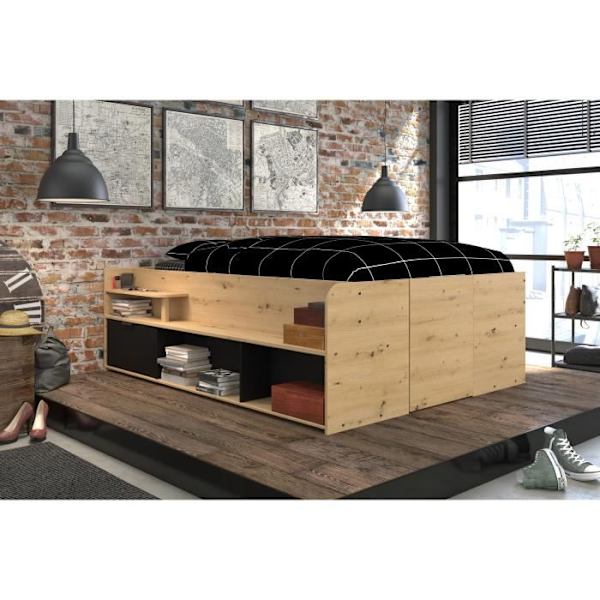 ODYSSEE Lit kiste voksen - 140x190/200 cm - Med løftbar kiste - Ege træ og sort - 166,2 x 66,5 x 205,8 cm Ek och svart