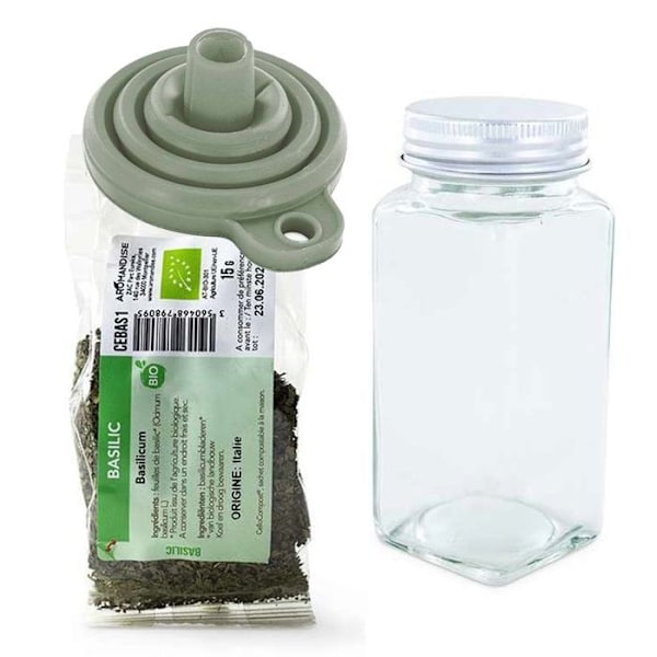 Maustejauhepullo + suppilo + luomubasilika 15 g