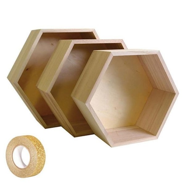 3 hexagonala hyllor i trä + guldglittrande masking tape 5 m Beige