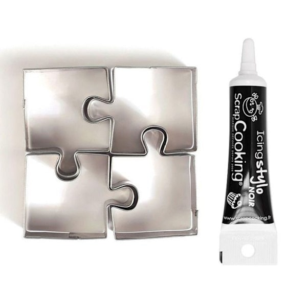 4 mini rustfri stål puslespil kage udstikkere + sort glasur pen