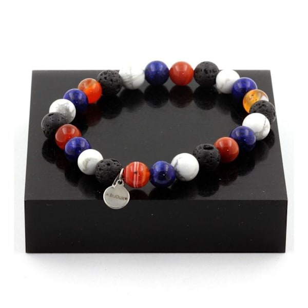 Sten og mineraler. Armbånd Lapis Lazuli Beads + Banded Agate + Howlite + Lava 8 mm. Fremstillet i Frankrig. Blå, vit, grå, svart, brun