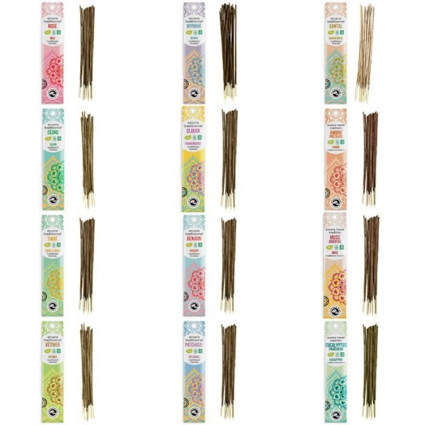 Perinteinen intialainen suitsukelaatikko - Täysi valikoima - 12 x 20 tikkua