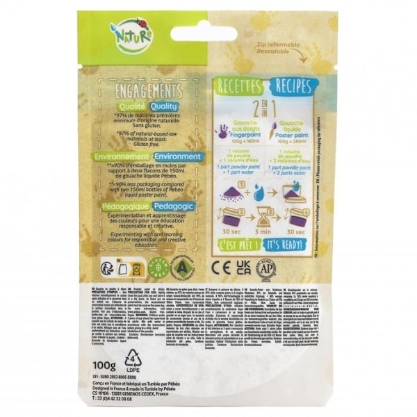 Sachet Gouache i pulver 100g Grøn - PEBEO - Tactilcolor - Vandopløselig - Til børn fra 2 år Grön