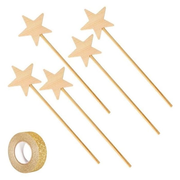 5 trollstavar av trä 23 cm + guldglittermaskeringstejp 5 m Beige