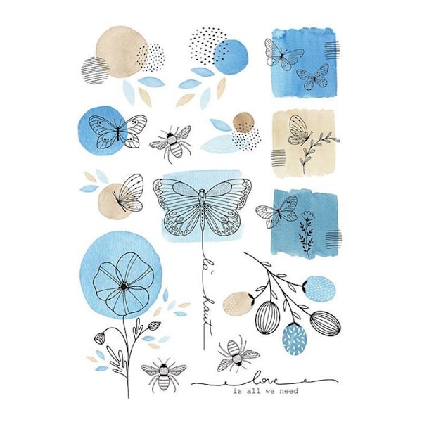 Stryk på textiltransfer A5 - insekter & blommor Blå, beige